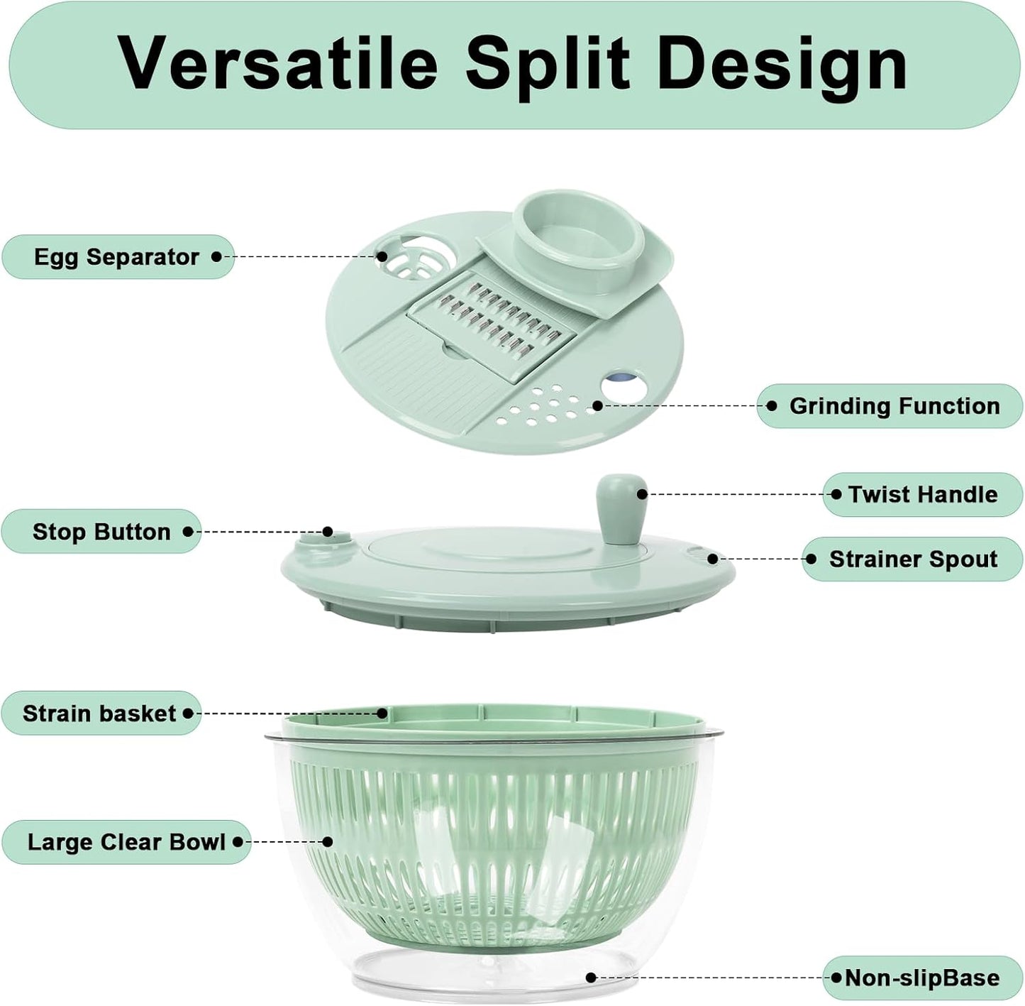 Salad Spinner Large, 5.3 QT 5 IN 1 Lettuce Spinner Dryer with 5 Blades Slicing and Pureeing Vegetables Wash Bowl Kitchen Gadgets for Efficient Salad Preparation Food Washing