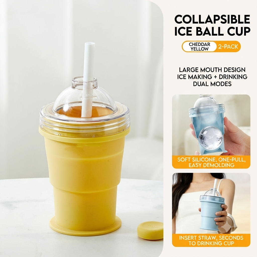 Collapsible Ice Ball Maker Cup, 2-in-1 Silicone Folding Ice Cube Cup Tray Portable Leakproof Travel Tumbler with Lid & Straw, Reusable Sphere Mold for Whiskey, Bourbon, Coffee, Summer Drinks