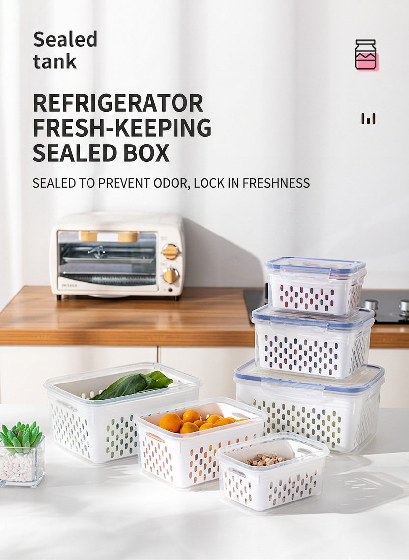 ❣️Plastic Refrigerator Storage Box with Lid – Draining Container for Fruits and Vegetables (Freezer-Safe)