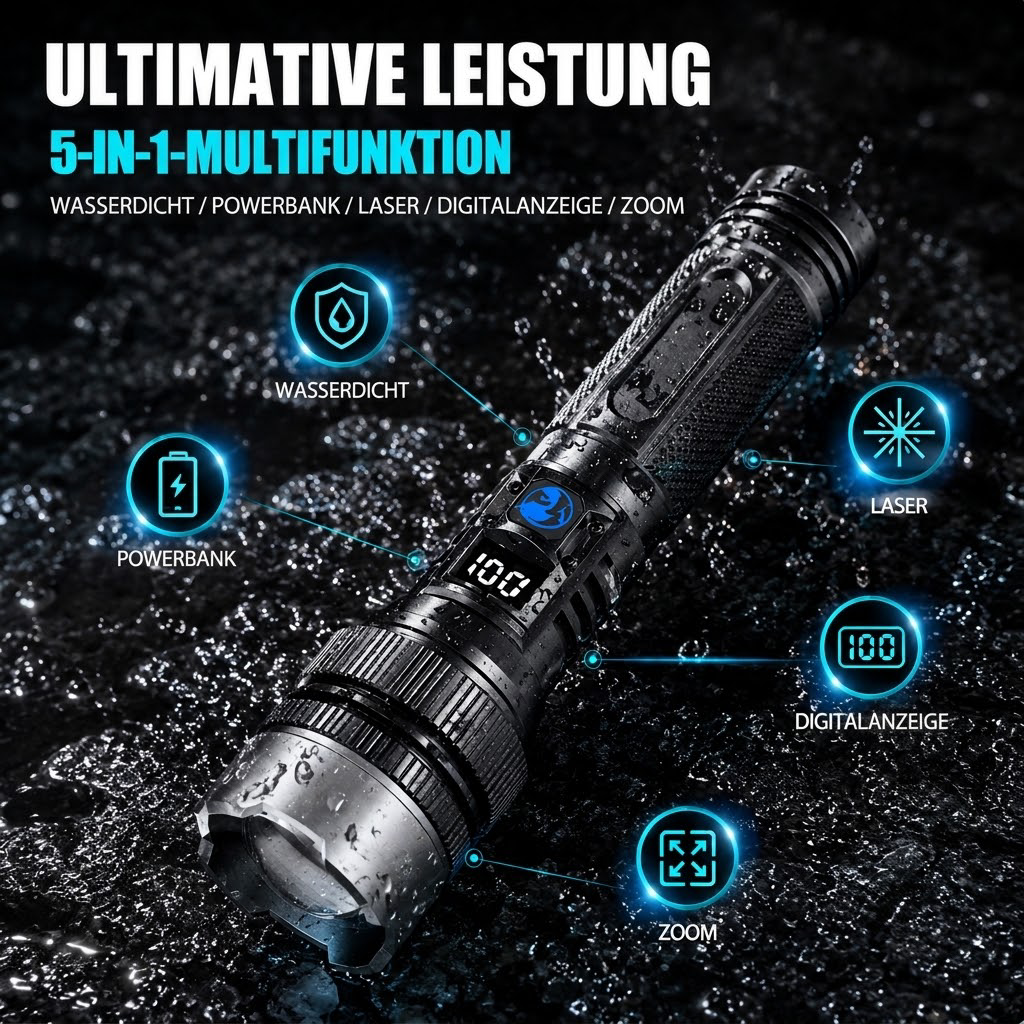 💎 50 % Rabatt! 💎 Hochleistungs-Taschenlampe: ausgestattet mit einem wärmeableitenden Kopf aus Aluminiumlegierung und Teleskop-Zoom-Funktion für starkes, gebündeltes Licht; dient zudem als Powerbank und verfügt über eine digitale Akkustandsanzeige.