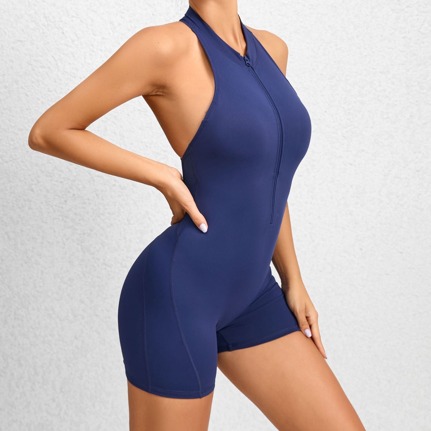 Front Zip Backless Short Jumpsuits