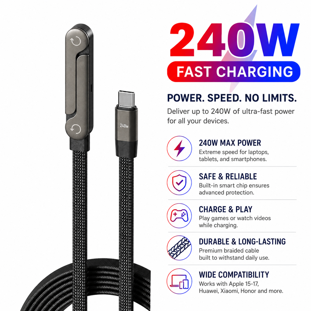 ⚡️Special Offer-240W fast charging cable with built-in 90° stand