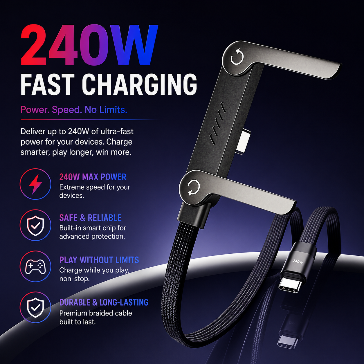 ⚡️Special Offer-240W fast charging cable with built-in 90° stand