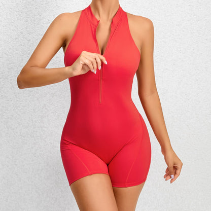 Front Zip Backless Short Jumpsuits