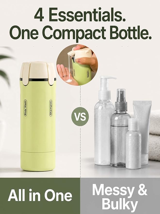 4 in 1 Travel Dispenser, Press to Dispense 30ML Leak Proof Travel Bottles for Toiletries, Portable Refillable Containers with Labels for Shampoo Lotion Conditioner Cream Carry-On Friendly