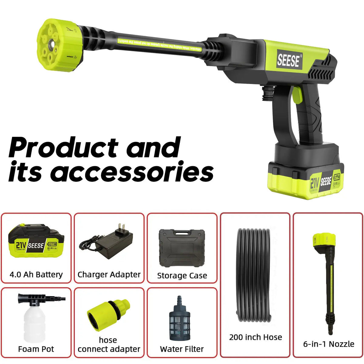 SEESE Portable 21V Cordless Pressure Washer Compact Power Washer for Car Patio & Garden Cleaning with Accessories Holiday gifts with 30min Runtime & 6-in-1 Nozzle