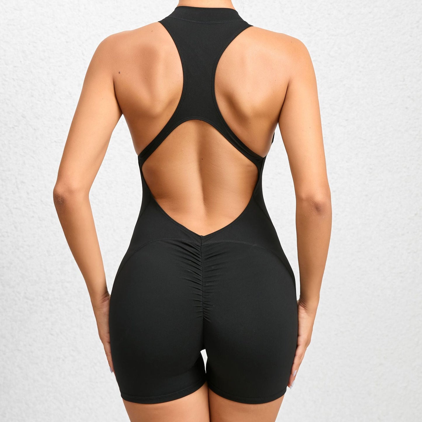 Front Zip Backless Short Jumpsuits