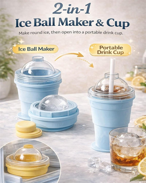 Collapsible Ice Ball Maker Cup, 2-in-1 Silicone Folding Ice Cube Cup Tray Portable Leakproof Travel Tumbler with Lid & Straw, Reusable Sphere Mold for Whiskey, Bourbon, Coffee, Summer Drinks