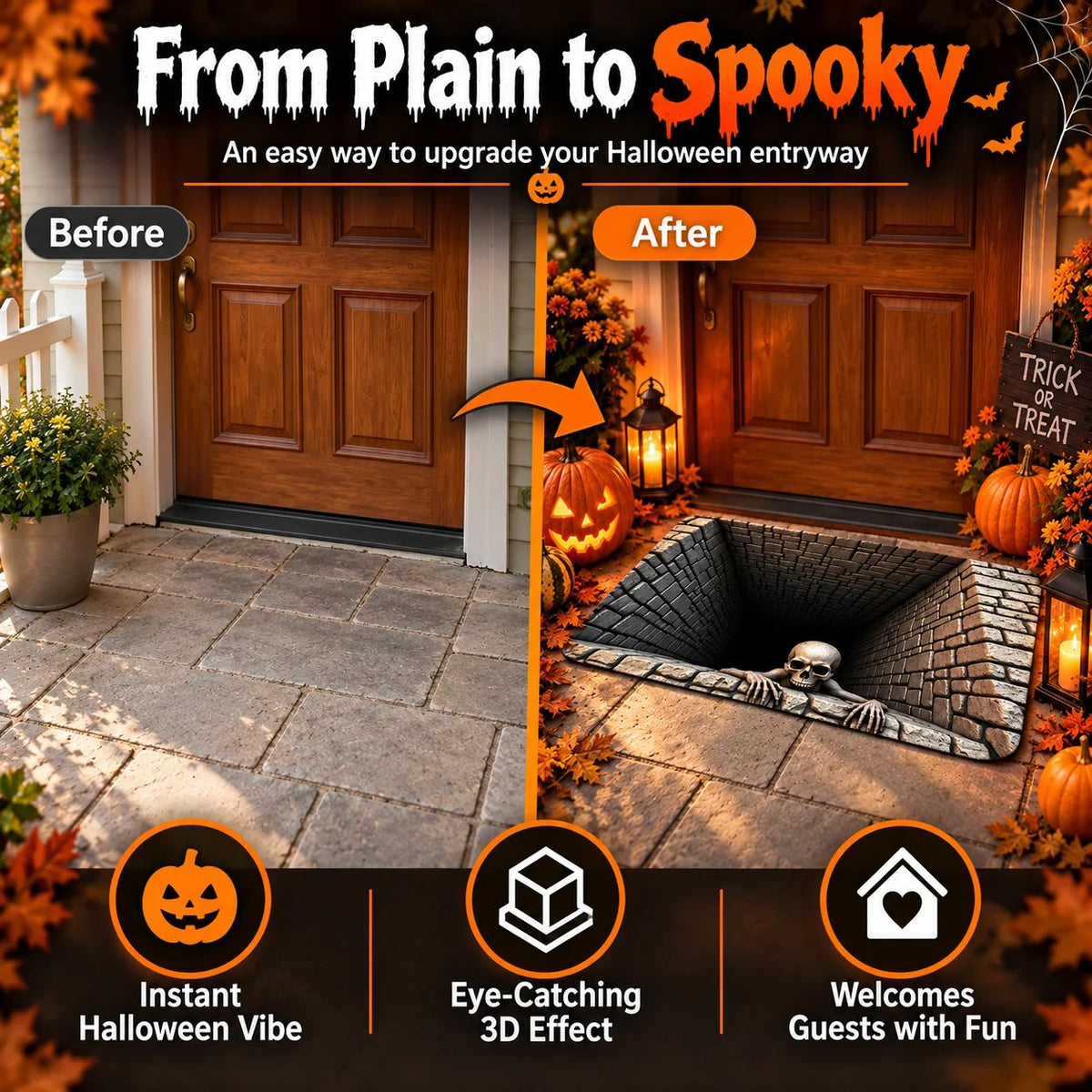 Hot sales🔥Halloween Front Door Mat – Festive 3D Visual Skull