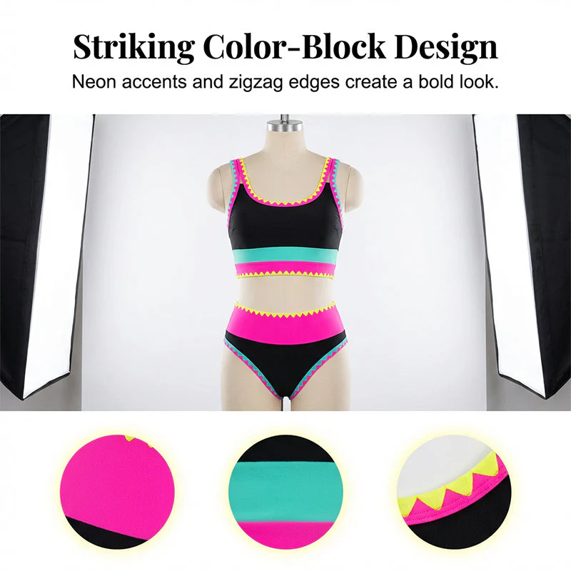 🎁New Arrival 50% OFF💥Color Block Patchwork Nylon Sporty 3-Piece Bikini Set - High Waisted & Tummy Control Swimsuit👙🌈