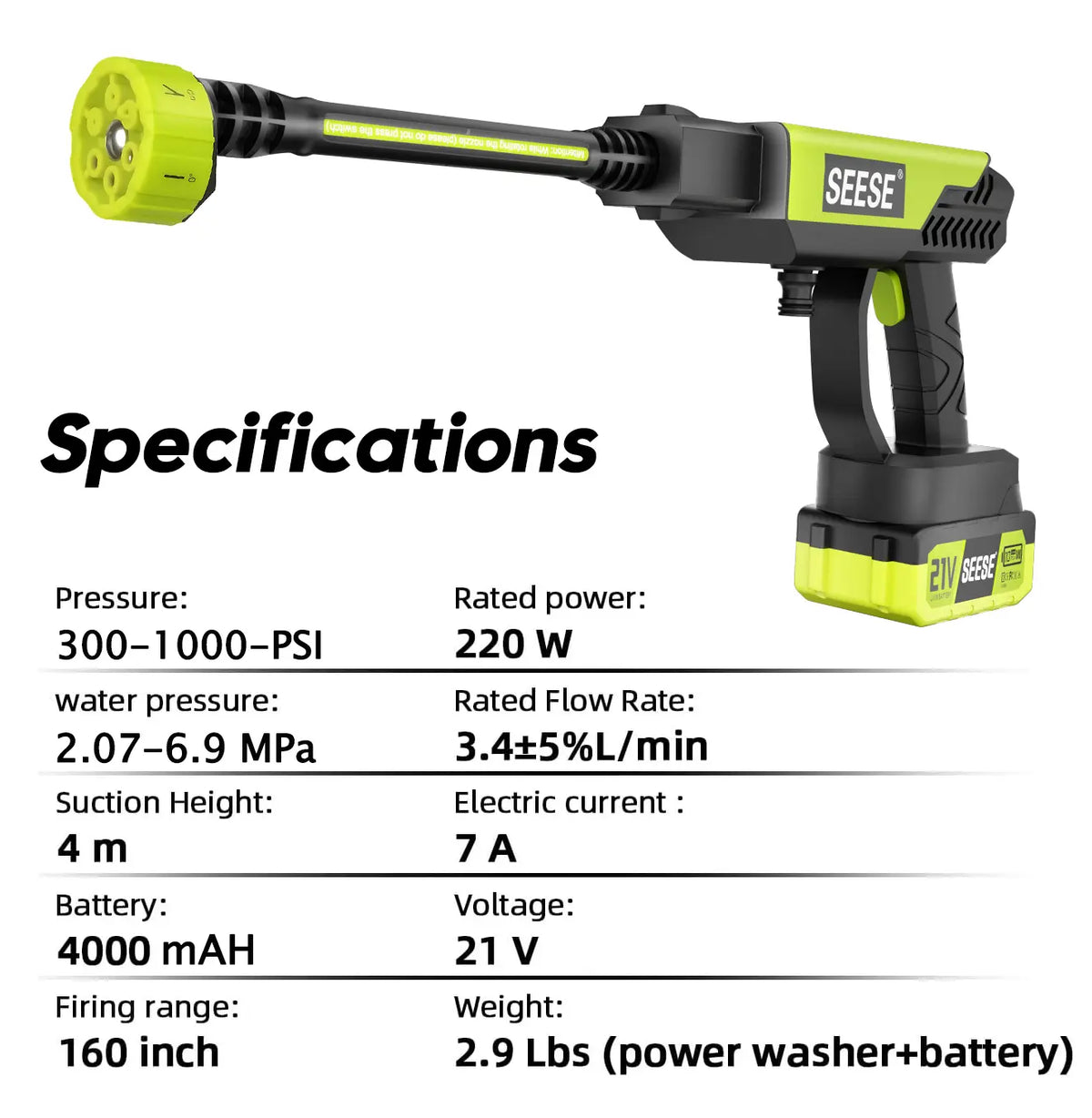 SEESE Portable 21V Cordless Pressure Washer Compact Power Washer for Car Patio & Garden Cleaning with Accessories Holiday gifts with 30min Runtime & 6-in-1 Nozzle
