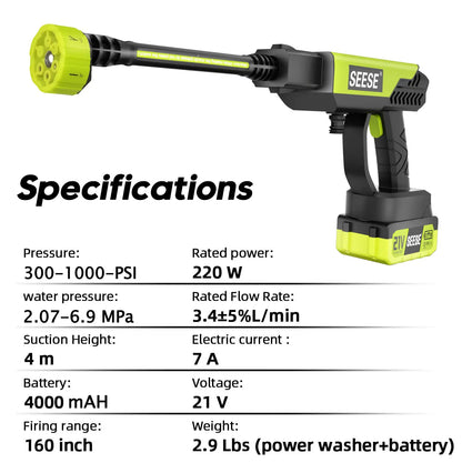 SEESE Portable 21V Cordless Pressure Washer Compact Power Washer for Car Patio & Garden Cleaning with Accessories Holiday gifts with 30min Runtime & 6-in-1 Nozzle