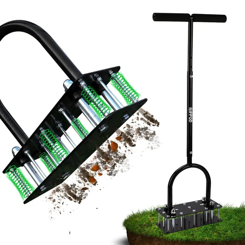 🌱 RIFPOD Lawn Aerator | Automatic Dirt & Leaf Cleaner ✨ Heavy Duty 15 Adjustable Iron Spikes, Restore Healthy Lawn for Yard & Garden