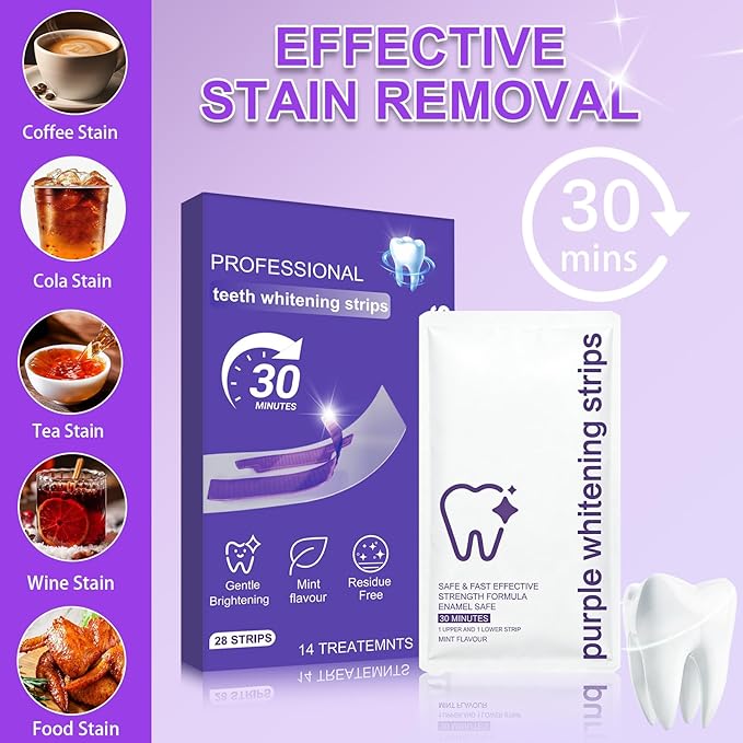 Purple Teeth Whitening Strips for Sensitive Teeth, Enamel Safe Whitening Strips to Remove Coffee Wine Smoking Stains, Non Slip Teeth Whitening Kit with Low Sensitivity Formula ！