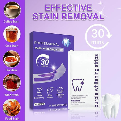 Purple Teeth Whitening Strips for Sensitive Teeth, Enamel Safe Whitening Strips to Remove Coffee Wine Smoking Stains, Non Slip Teeth Whitening Kit with Low Sensitivity Formula ！