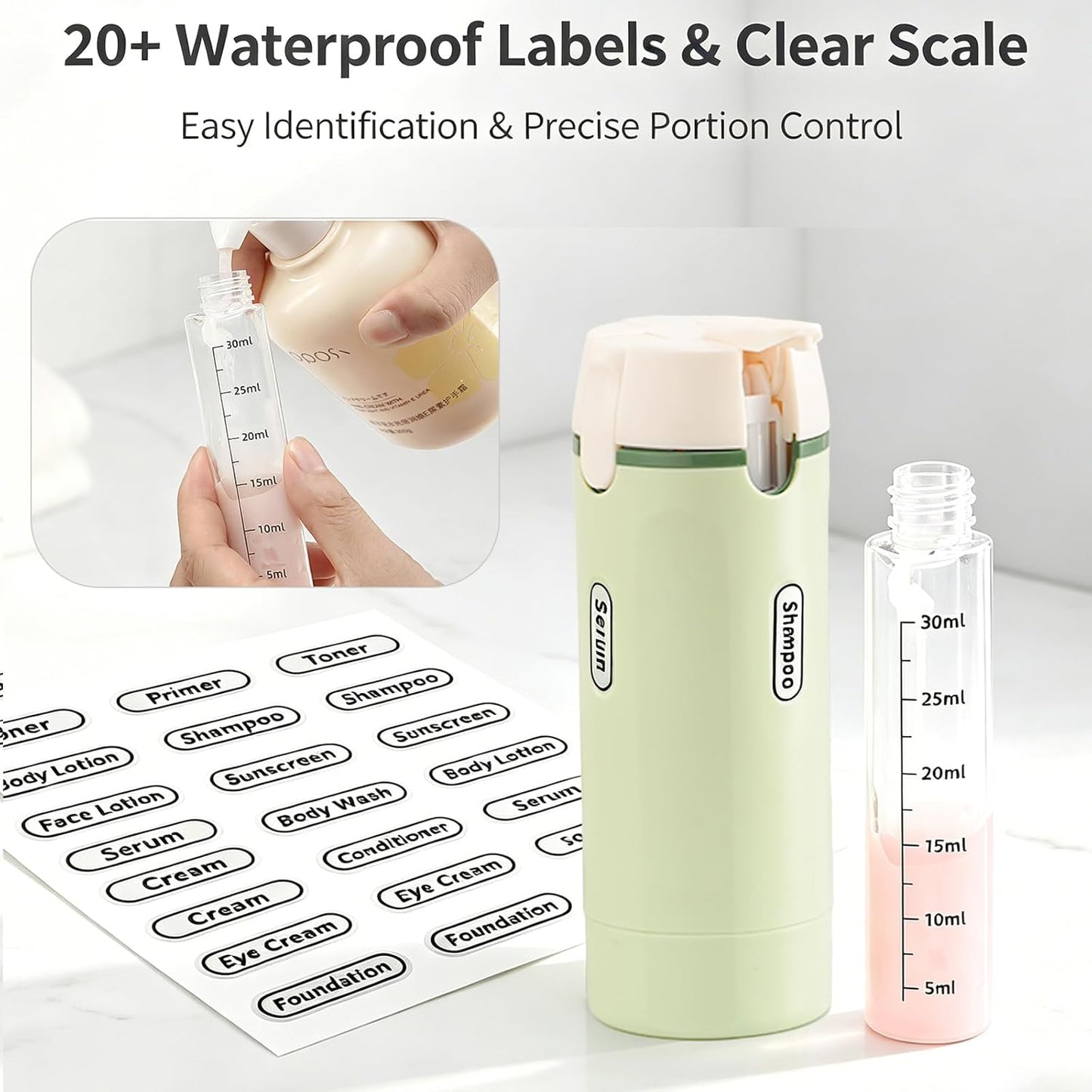 4 in 1 Travel Dispenser, Press to Dispense 30ML Leak Proof Travel Bottles for Toiletries, Portable Refillable Containers with Labels for Shampoo Lotion Conditioner Cream Carry-On Friendly