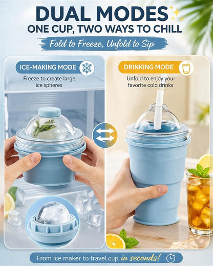 Collapsible Ice Ball Maker Cup, 2-in-1 Silicone Folding Ice Cube Cup Tray Portable Leakproof Travel Tumbler with Lid & Straw, Reusable Sphere Mold for Whiskey, Bourbon, Coffee, Summer Drinks