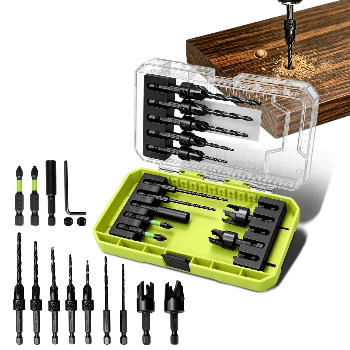 ⚙️ SEESE 15Pcs Countersink Drill Bit Set | 1/4 Inch Hex Shank with Depth Stop, Quick Change Design, Perfect Halloween Gift for DIY Woodworkers