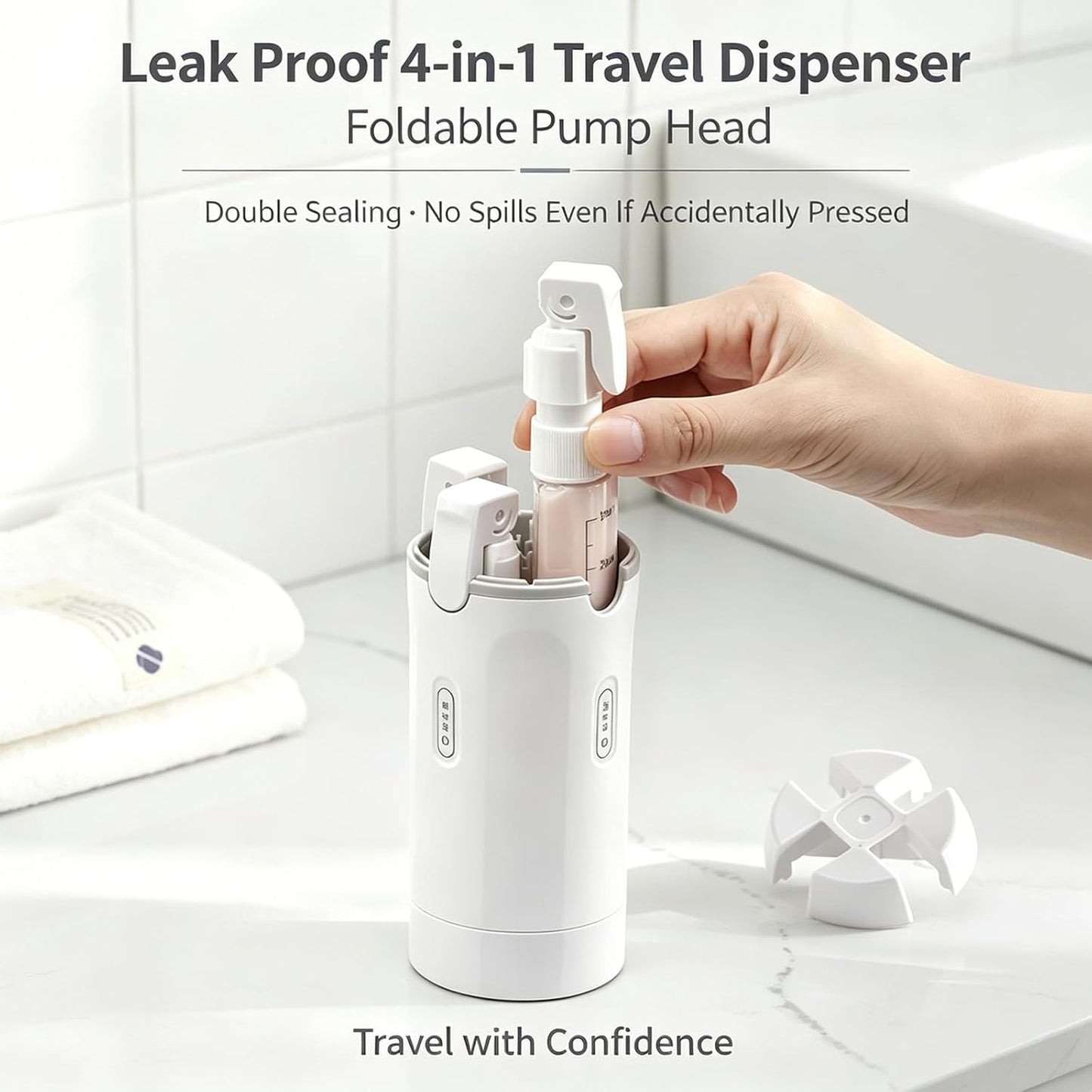 4 in 1 Travel Dispenser, Press to Dispense 30ML Leak Proof Travel Bottles for Toiletries, Portable Refillable Containers with Labels for Shampoo Lotion Conditioner Cream Carry-On Friendly