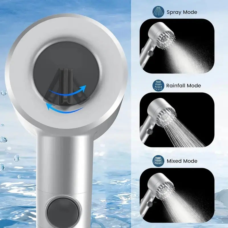 🚿 Silver Filtered Handheld Shower Head | ON/OFF Switch, High Pressure Turbo Flow, Chlorine Filter for Hard Water