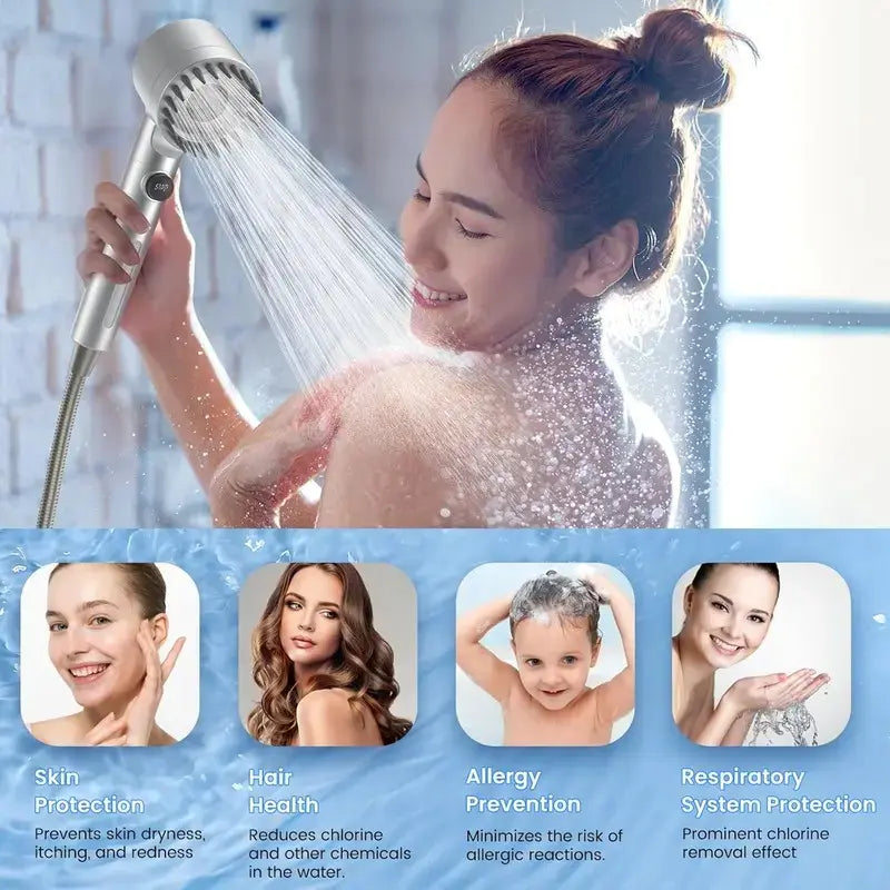🚿 Silver Filtered Handheld Shower Head | ON/OFF Switch, High Pressure Turbo Flow, Chlorine Filter for Hard Water