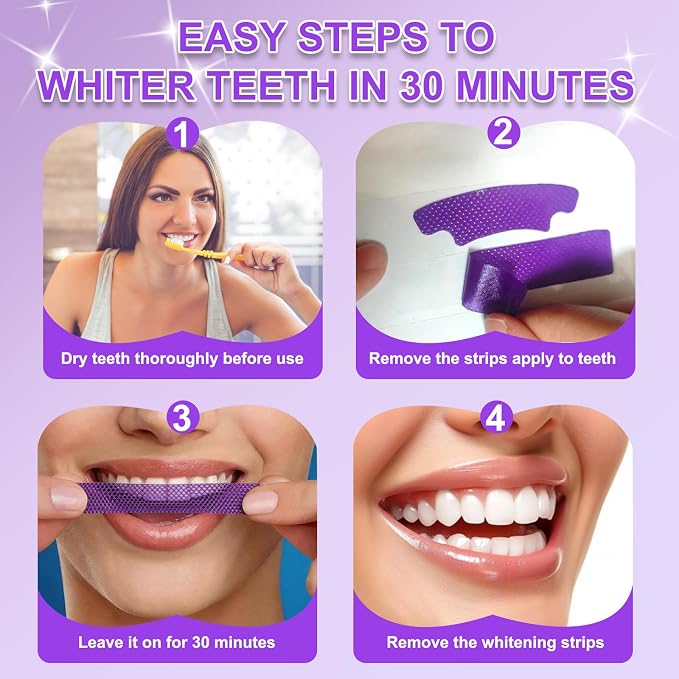 Purple Teeth Whitening Strips for Sensitive Teeth, Enamel Safe Whitening Strips to Remove Coffee Wine Smoking Stains, Non Slip Teeth Whitening Kit with Low Sensitivity Formula ！