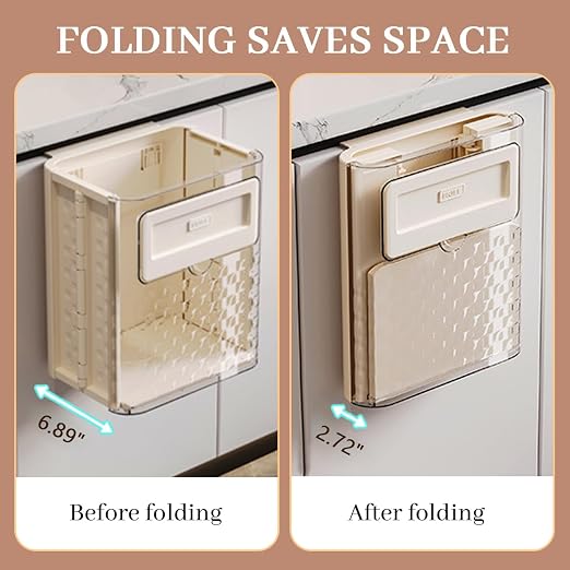 Foldable wall-mounted kitchen trash can for home use; made of plastic; installs with traceless adhesive.