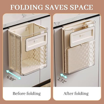 Foldable wall-mounted kitchen trash can for home use; made of plastic; installs with traceless adhesive.