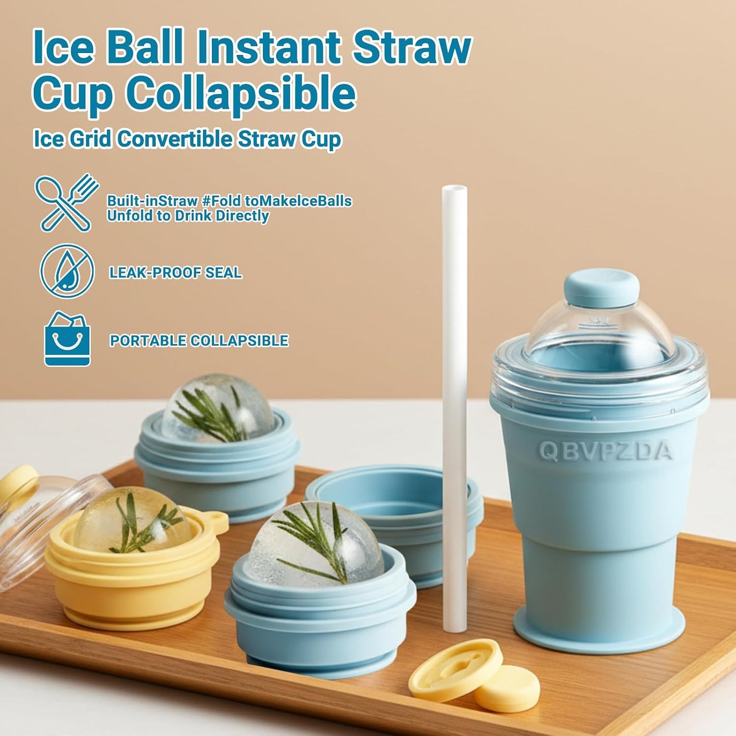 Collapsible Ice Ball Maker Cup, 2-in-1 Silicone Folding Ice Cube Cup Tray Portable Leakproof Travel Tumbler with Lid & Straw, Reusable Sphere Mold for Whiskey, Bourbon, Coffee, Summer Drinks