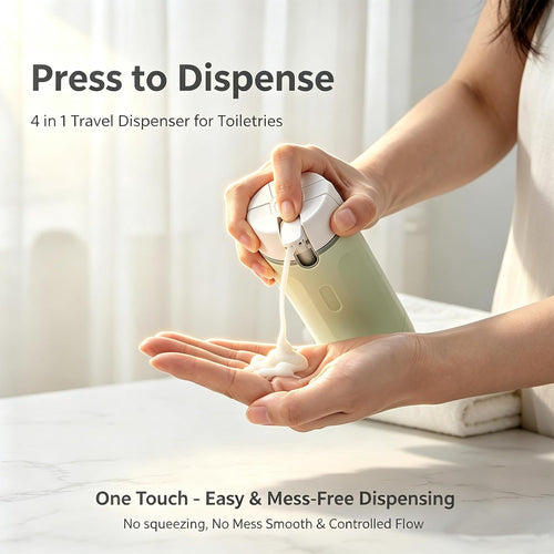 4 in 1 Travel Dispenser, Press to Dispense 30ML Leak Proof Travel Bottles for Toiletries, Portable Refillable Containers with Labels for Shampoo Lotion Conditioner Cream Carry-On Friendly
