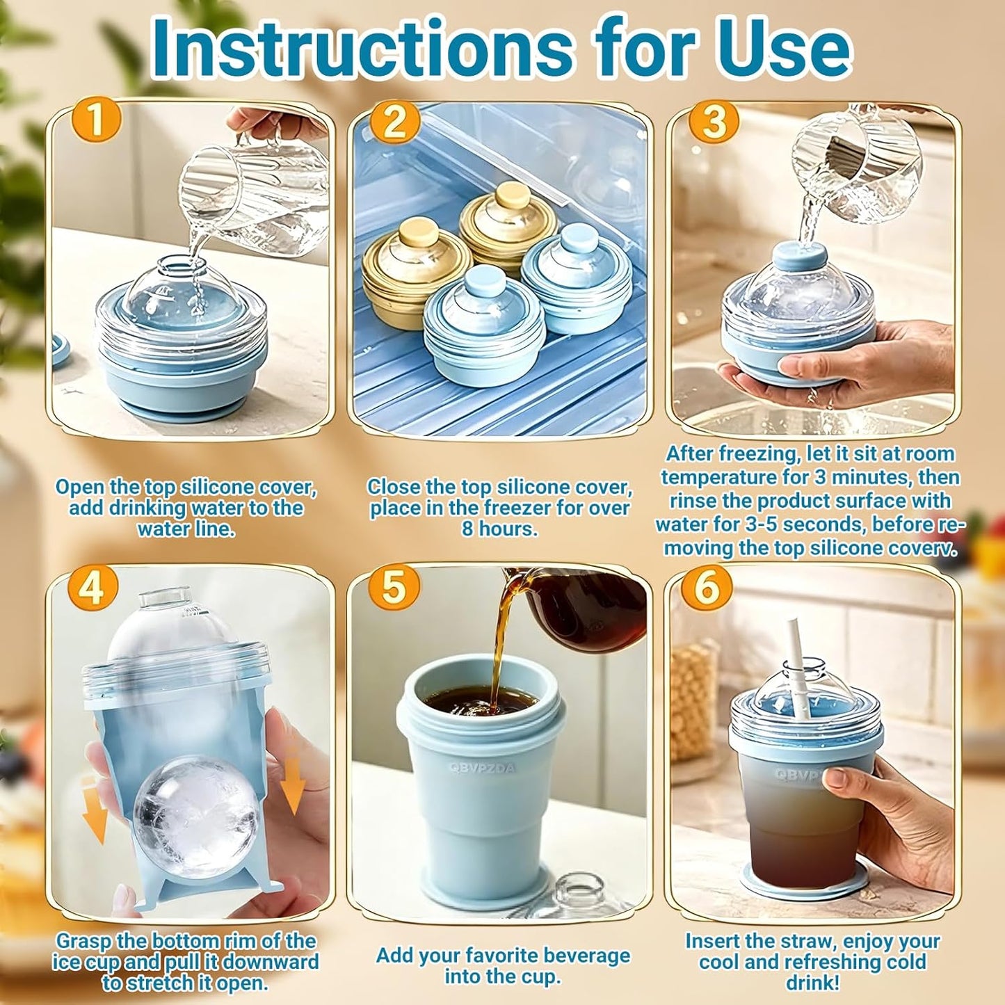 Collapsible Ice Ball Maker Cup, 2-in-1 Silicone Folding Ice Cube Cup Tray Portable Leakproof Travel Tumbler with Lid & Straw, Reusable Sphere Mold for Whiskey, Bourbon, Coffee, Summer Drinks