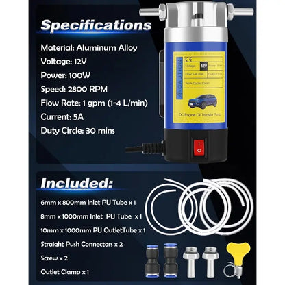 ⚡12V 100W Self-Priming Electric Oil Pump｜30 Min Continuous Work, Efficient Fluid Transfer Tool for Engine Oil, Gear & Transmission Fluid Removal, Car Oil Change Upgrade Tool