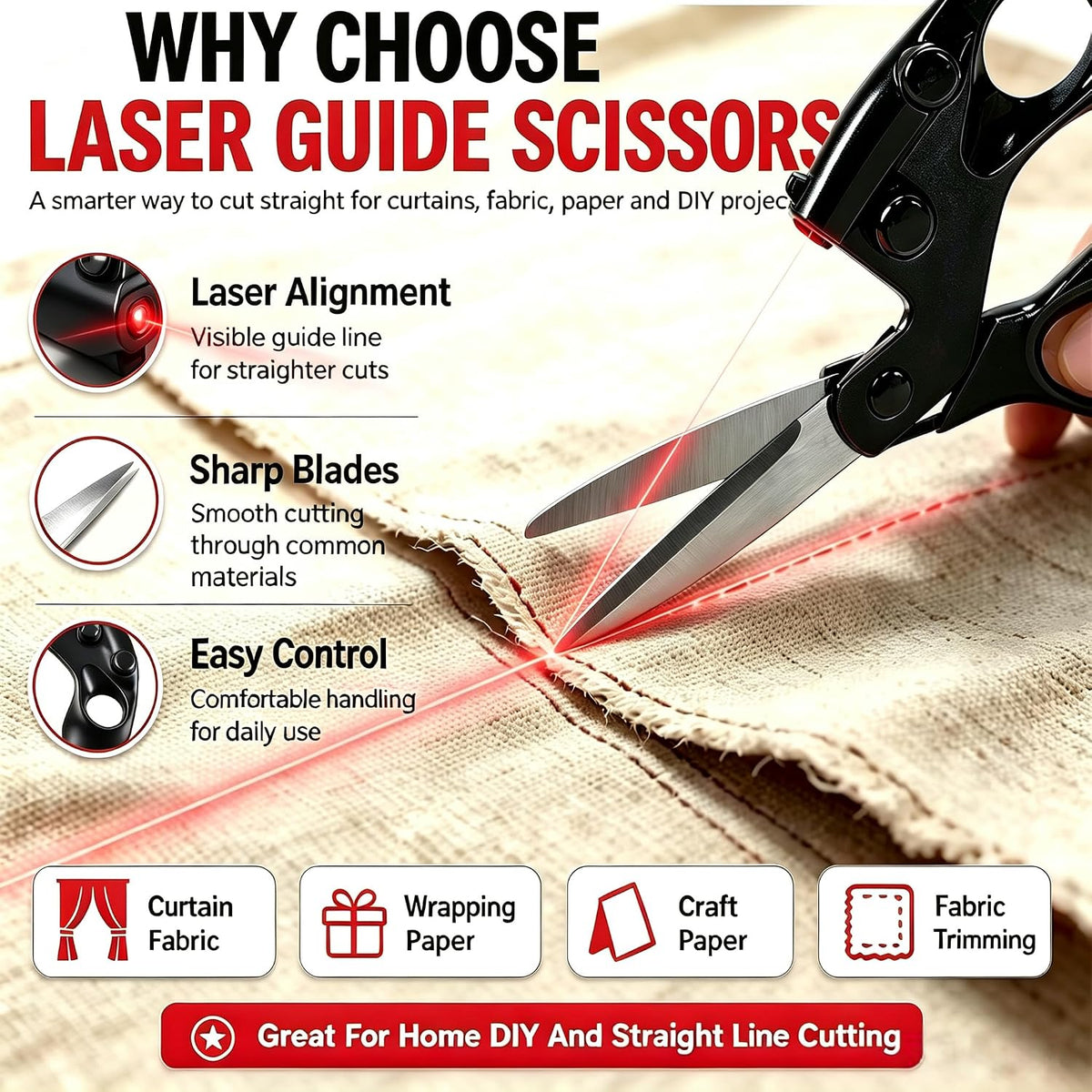 💕Buy 1 Get 1 Free✂️Laser Guided Scissors for Fabric Cutting Infrared-assisted Scissors
