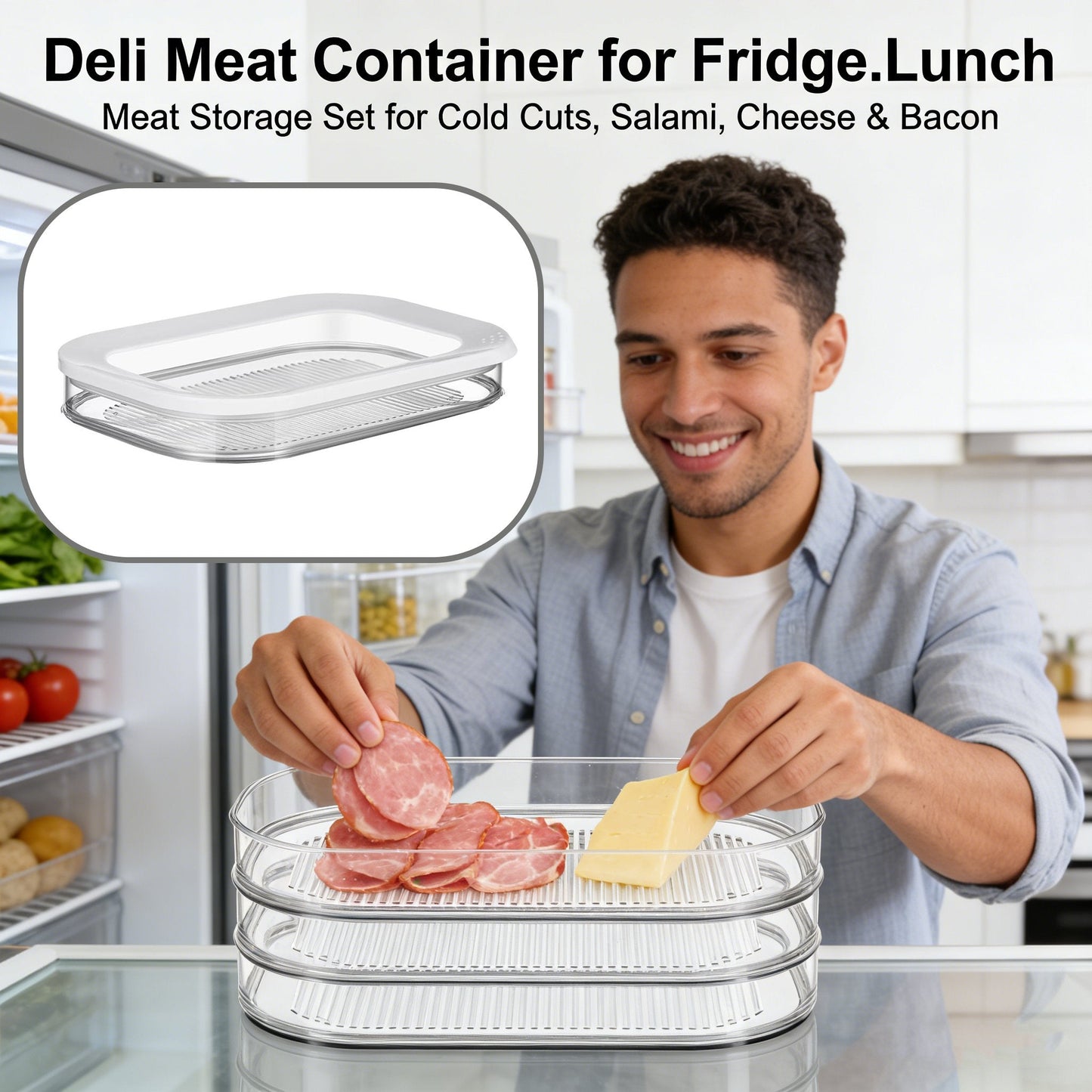 🥓 Keep sliced ham, cheese fresh! Fridge deli meat organizer, stackable airtight design