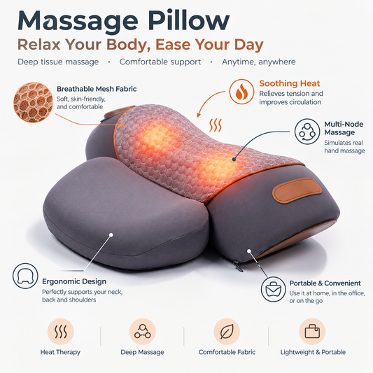 ✨Heated Massage Pillow, Ergonomic Deep Tissue Shiatsu Massager with Heat for Neck, Back, Shoulder, Portable for Home Office Car