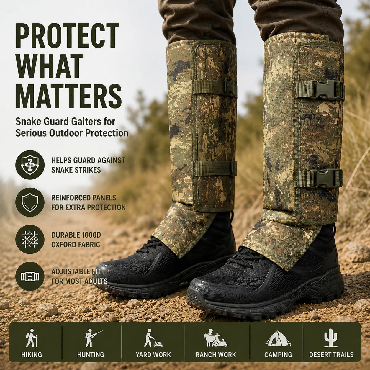 Protective Snake Guard Gaiters – Reinforced Lower-Leg Safety for Hiking, Hunting, Camping & Outdoor Work,  – 4 Durable Colors