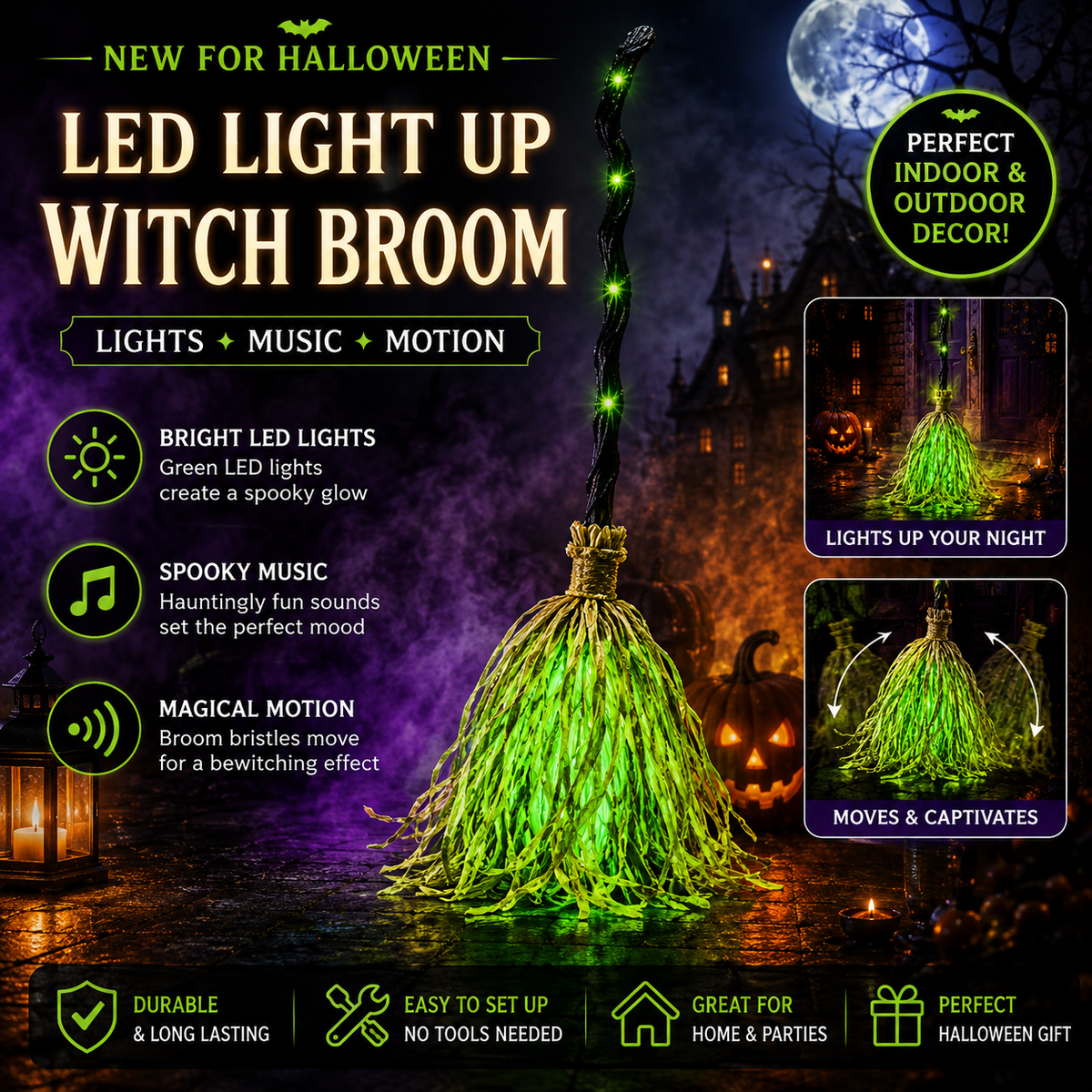 🧹🧙 Bring Your Garden to Life This Halloween – Animated Witch Broom with Lights & Spooky Sounds. 50% Off.