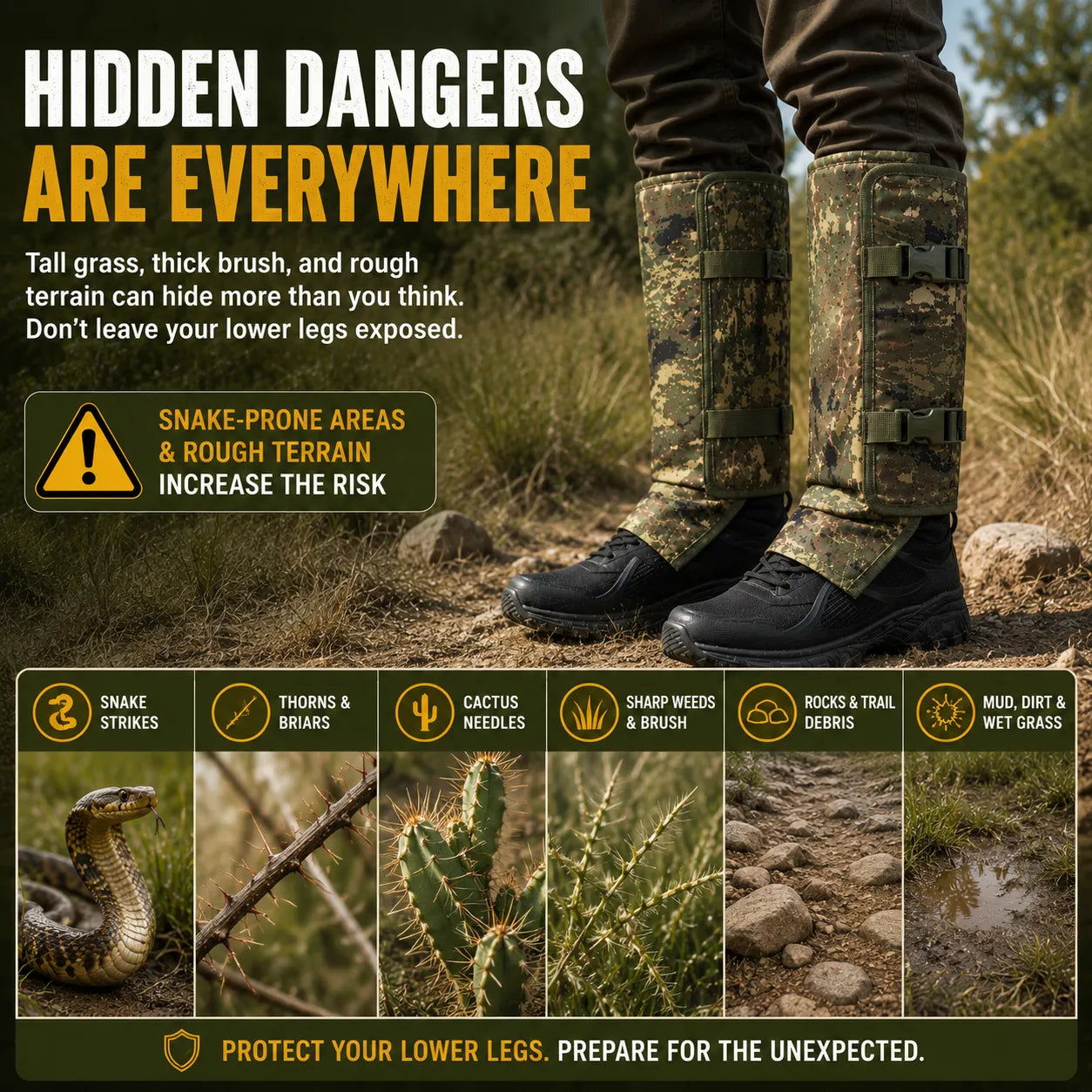 Protective Snake Guard Gaiters – Reinforced Lower-Leg Safety for Hiking, Hunting, Camping & Outdoor Work,  – 4 Durable Colors
