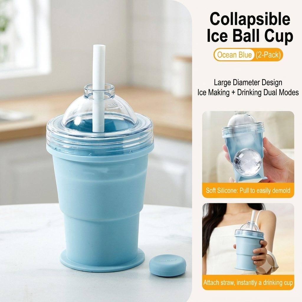Collapsible Ice Ball Maker Cup, 2-in-1 Silicone Folding Ice Cube Cup Tray Portable Leakproof Travel Tumbler with Lid & Straw, Reusable Sphere Mold for Whiskey, Bourbon, Coffee, Summer Drinks