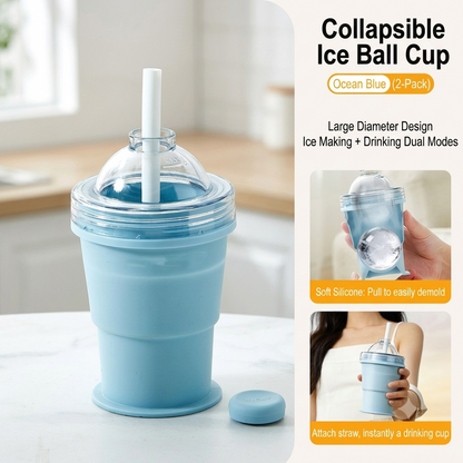 Collapsible Ice Ball Maker Cup, 2-in-1 Silicone Folding Ice Cube Cup Tray Portable Leakproof Travel Tumbler with Lid & Straw, Reusable Sphere Mold for Whiskey, Bourbon, Coffee, Summer Drinks