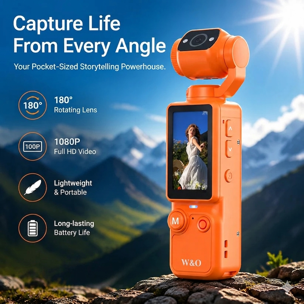 🎥 Upgraded Vlog Camera – 180° Rotating Lens, Full-Body Video Recorder
