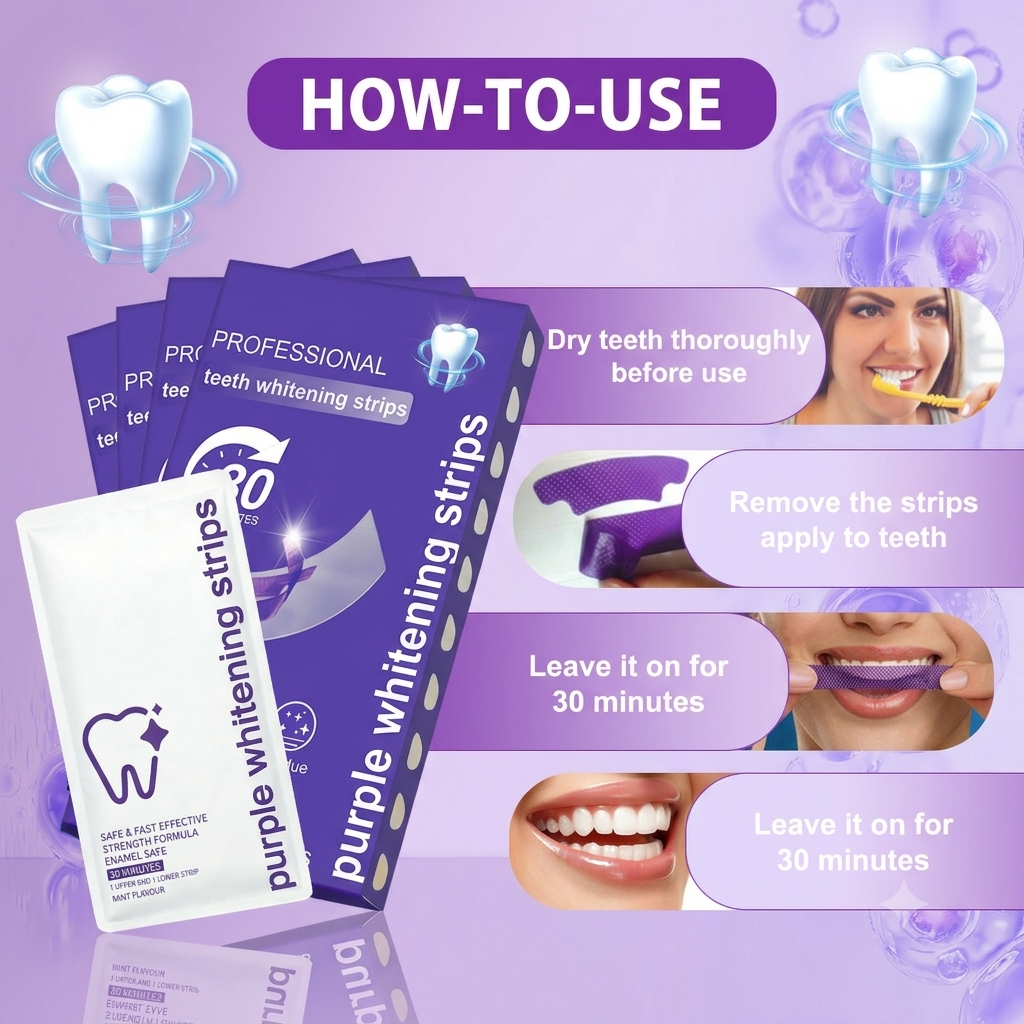 Purple Teeth Whitening Strips for Sensitive Teeth, Enamel Safe Whitening Strips to Remove Coffee Wine Smoking Stains, Non Slip Teeth Whitening Kit with Low Sensitivity Formula ！