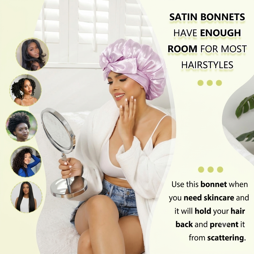 Satin Hair Bonnet Wide Band - Silk Like Sleeping Bonnets for Curly Hair Hair Wrap for Night Cap with Tie Band Breathable Satin Bonnet for Women and Girls
