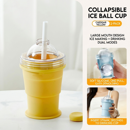 Collapsible Ice Ball Maker Cup, 2-in-1 Silicone Folding Ice Cube Cup Tray Portable Leakproof Travel Tumbler with Lid & Straw, Reusable Sphere Mold for Whiskey, Bourbon, Coffee, Summer Drinks