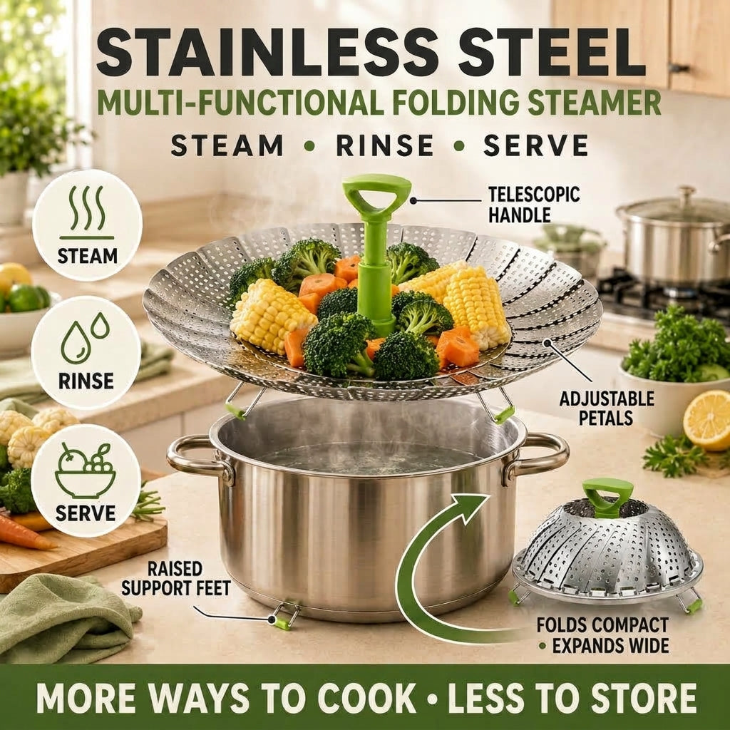 🥦 50% OFF 3-in-1 Adjustable Folding Steamer Basket ✨ Steam, Rinse & Serve with Ease