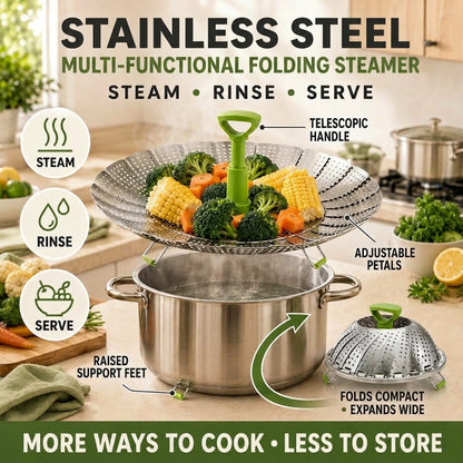 🥦 50% OFF 3-in-1 Adjustable Folding Steamer Basket ✨ Steam, Rinse & Serve with Ease