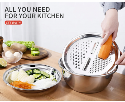 📢📢50% OFF !! ⏰🥬 Slice, Grate & Julienne in Minutes! Multi-Function Stainless Steel Vegetable Prep Bowl for Easy Cooking