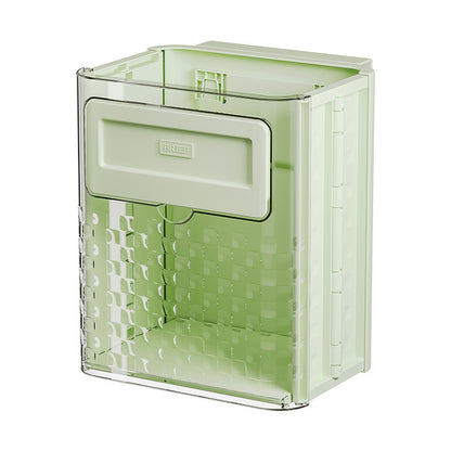 Foldable wall-mounted kitchen trash can for home use; made of plastic; installs with traceless adhesive.