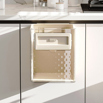Foldable wall-mounted kitchen trash can for home use; made of plastic; installs with traceless adhesive.