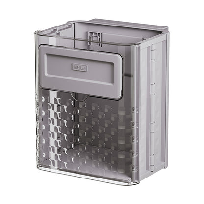 Foldable wall-mounted kitchen trash can for home use; made of plastic; installs with traceless adhesive.